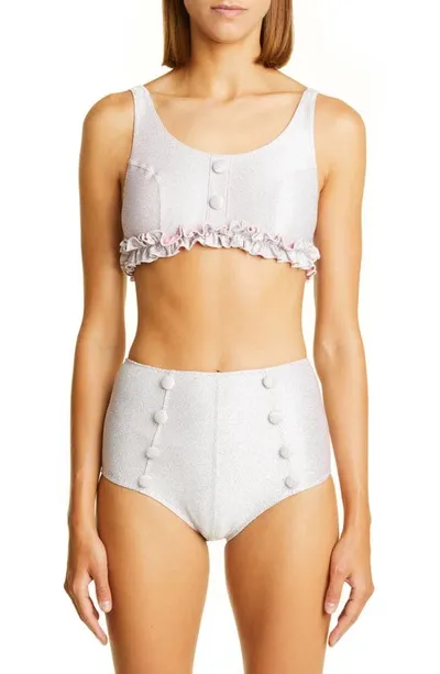 Lisa Marie Fernandez Colby High Waist Metallic Jacquard Two-piece Swimsuit In Vintage Pink Silver Metallic