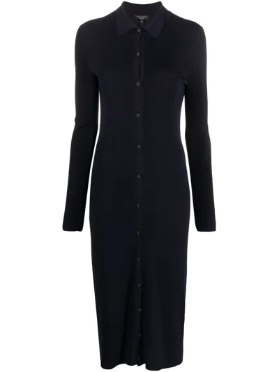 Rag & Bone Herringbone-knit Buttoned Shirt Dress In Blue