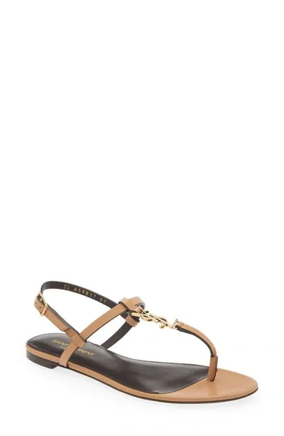 Saint Laurent Cassandra Monogram Flat Sandal In Brown