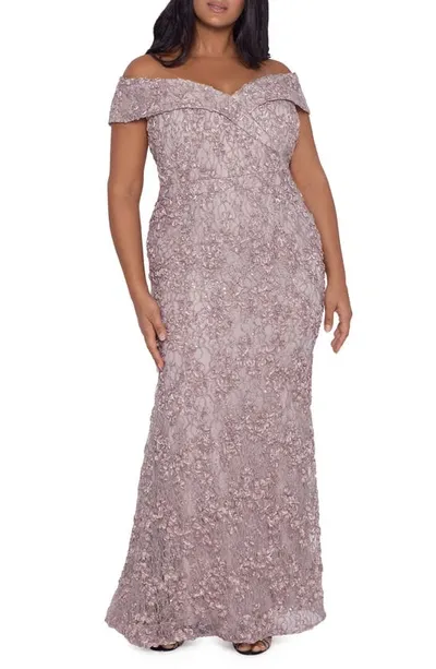 Xscape Off The Shoulder Embroidered Lace Gown In Grey