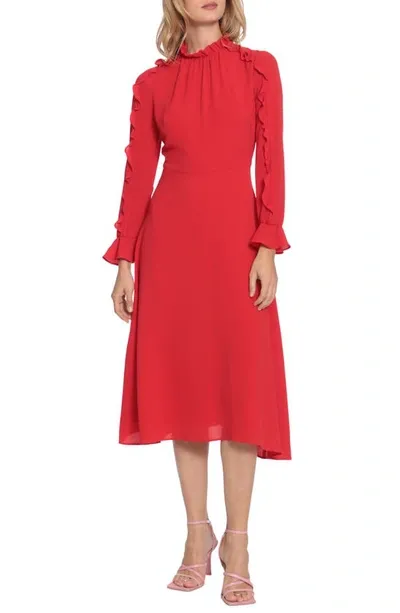 Donna Morgan For Maggy Ruffle Long Sleeve A-line Midi Dress In Cherry