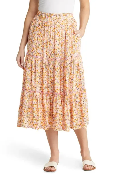 Wit & Wisdom Floral Print Tiered Midi Skirt In Canu-cantaloupe/ Multi