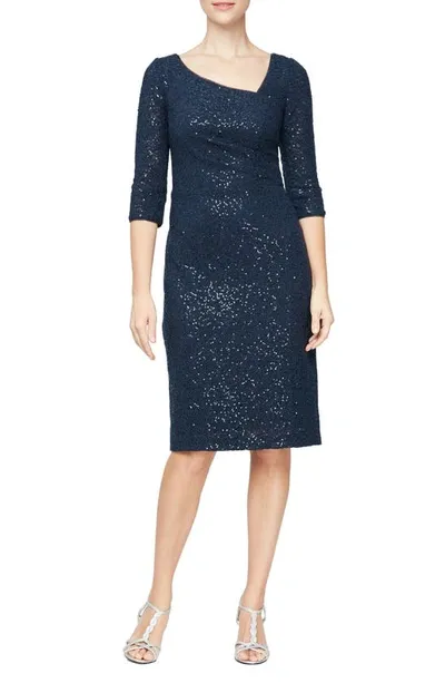 Alex Evenings Embroidered Sequin Sheath Dress In Navy