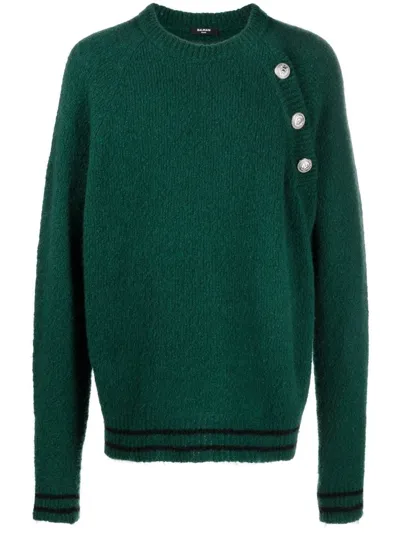 Balmain Embossed Buttons Green Crew Neck Jumper