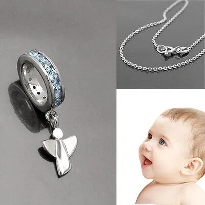 Pre-owned Fachhandel-direkt Kids' Weissgold 333 Baby Jungen Taufring Anhänger Blaue Zirkonia Steine Mit Schutzengel