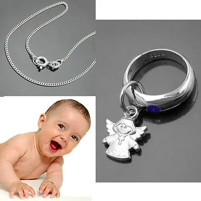 Pre-owned Mit Kids' Jungen Baby Taufe Engel  Kreuz Taufring Safir Weiss Gold 585  Silber Kette