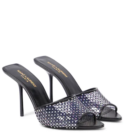 Saint Laurent Logo Printed Embellished Slip-on Mules In Nero Crystal