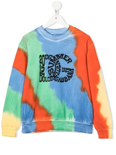 Dolce & Gabbana Kids' Blue Dg Logo Print Tie-dye Cotton Sweatshirt