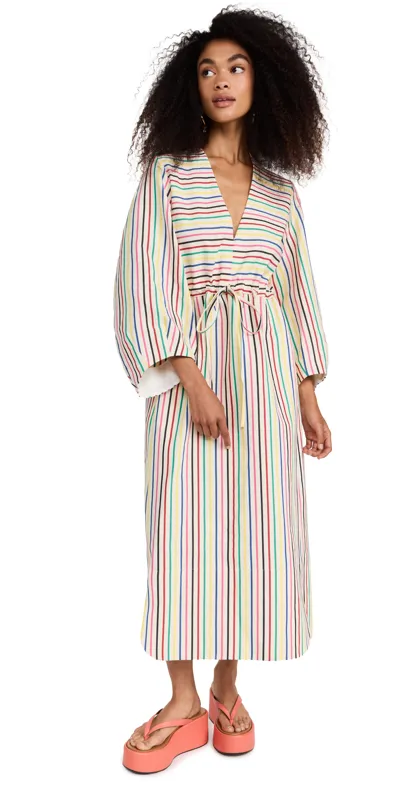 Rosie Assoulin Vivella Gathered Striped Cotton And Linen-blend Midi Dress In Chantilly Rainbow