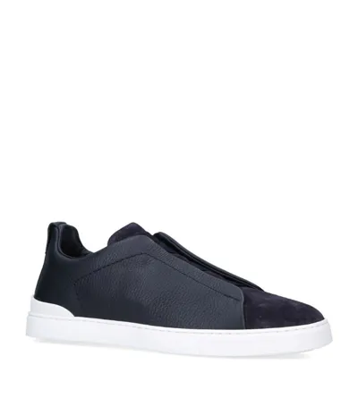 Zegna Leather Triple Stitch Sneakers In Blue