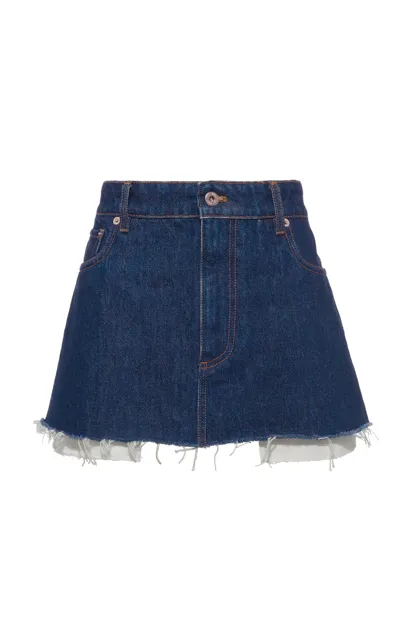 Miu Miu Logo-embroidered Denim Raw-cut Mini Skirt In Blue