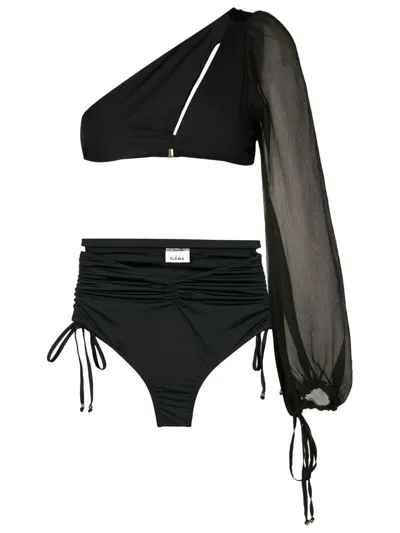 Amir Slama One-shoulder Long-sleeve Bikini Set In Black