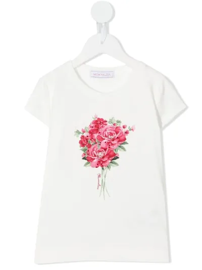 Monnalisa Flower-bouquet Print T-shirt In Weiss