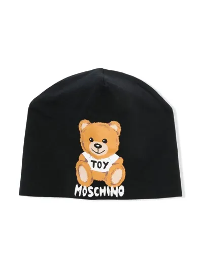 Moschino Kids' Teddy Bear-motif Cotton Beanie In Black