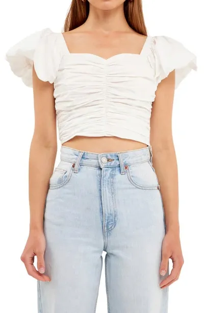 Endless Rose Shirred Puff Sleeve Crop Top In White