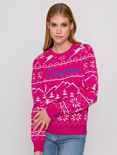 Mc2 Saint Barth Woman Sweater With Norwgian Style Print And Courma Embroidery In Pink