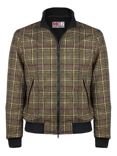 Mc2 Saint Barth Brown Prince Of Wales Checked Mid Season Jacket Wool Effect In Black