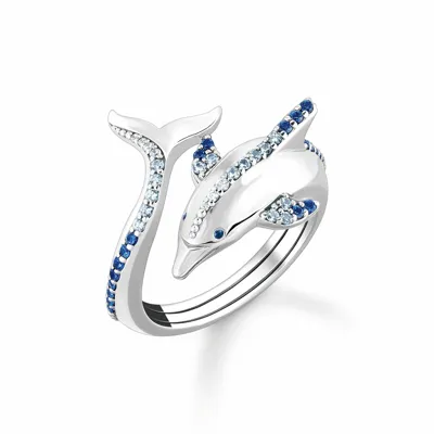 Pre-owned Thomas Sabo Ring Delfin Mit Blauen Steinen, 925 Sterlingsilber, Tr2384-644-1