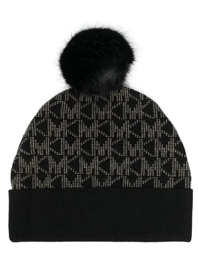 Michael Michael Kors Monogram Logo Beanie Hat In Schwarz