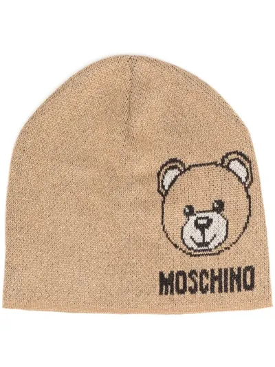 Moschino Intarsia-knit Logo Beanie In Gold