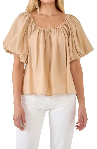 Endless Rose Pleated Puff Sleeve Blouse In Beige