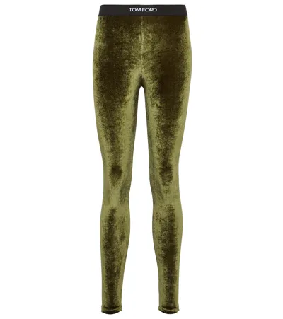 Tom Ford Jacquard-trimmed Velour Leggings In Green