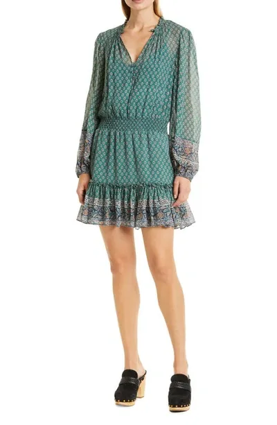 Veronica Beard Destiny Printed Smocked Waist V-neck Mini Dress In Seaglass Multi