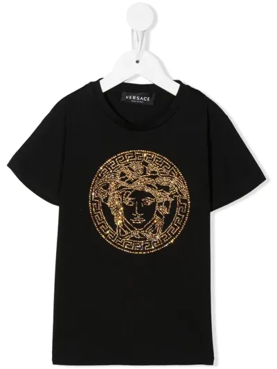 Versace Kids' Rhinestone-medusa Cotton T-shirt In Black