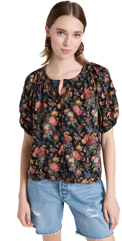 The Great The Carriage Gathered Floral-print Cotton-voile Blouse In Black Enchanted Floral