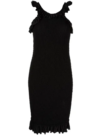 Alexander Wang Black Ruched Ruffle-trim Midi Dress