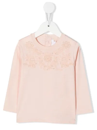 Chloé Babies' Floral-embroidered Cotton T-shirt In Pink