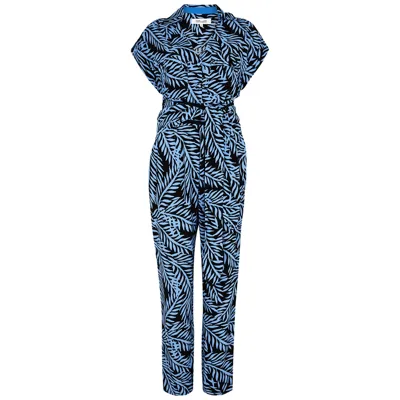 Diane Von Furstenberg Botanical-print Belted Jumpsuit In Blue