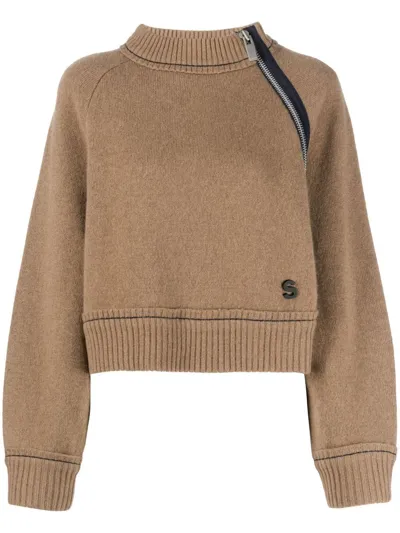 Sacai Logo-plaque Zip-detail Cropped Jumper In Braun