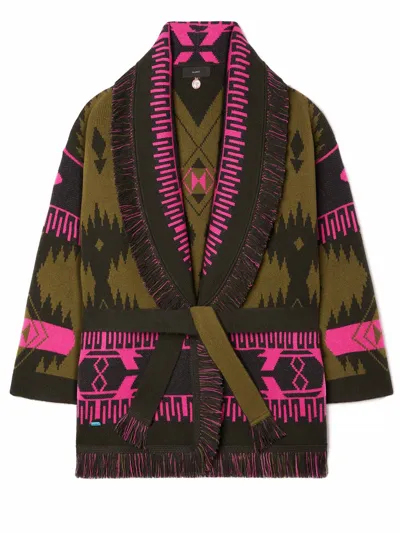 Alanui Ikat Jacquard Belted Cashmere Icon Cardigan In Green