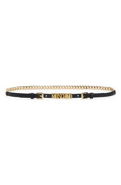 Moschino Logo Chain Leather Belt In Black