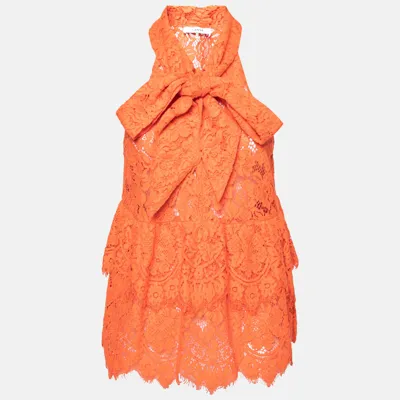 Pre-owned Ganni Orange Floral Lace Neck Tie Detail Tiered Sleeveless Top S