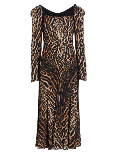 Proenza Schouler Leopard Print Ruched Long Sleeve Crêpe De Chine Midi Dress In Brown Multi