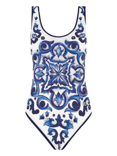 Dolce & Gabbana Blu Mediterraneo Olimpionic Painterly One-piece Swimsuit In Maiolica