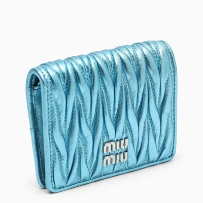 Miu Miu Sky Blue Wallet In Metallic Matelassé Nappa Leather In Light Blue