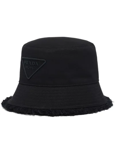 Prada Fringe Triangle Logo Bucket Hat In Black