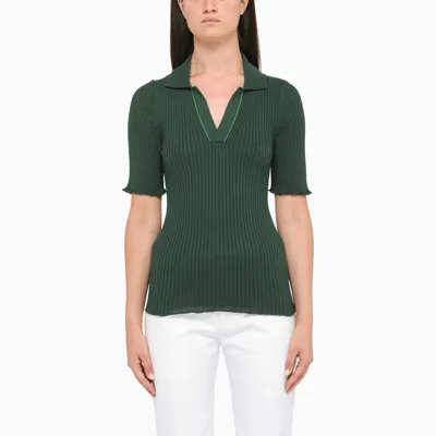 Bottega Veneta Green Ribbed Short Sleeve Polo Shirt In Blue