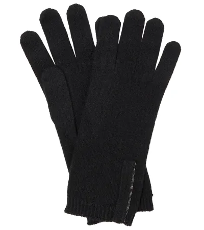 Brunello Cucinelli Embellished Cashmere Knit Gloves In Nero