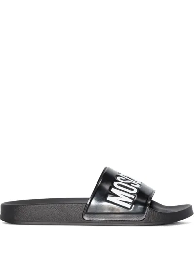 Moschino Debossed-logo Pool Slides In Black