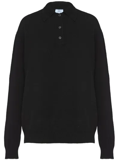 Prada Long-sleeved Knitted Polo Shirt In Black