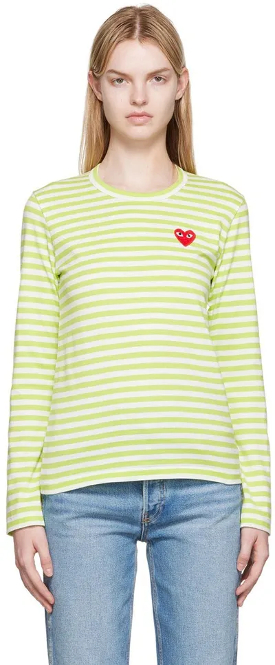 Comme Des Garçons Play White & Green Heart Patch Long Sleeve T-shirt