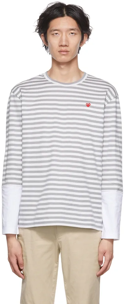 Comme Des Garçons Play Gray & White Heart Long Sleeve T-shirt In Grey