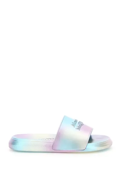 Alexander Mcqueen Logo-embossed Holographic Rubber Sliders In Pink,light Blue