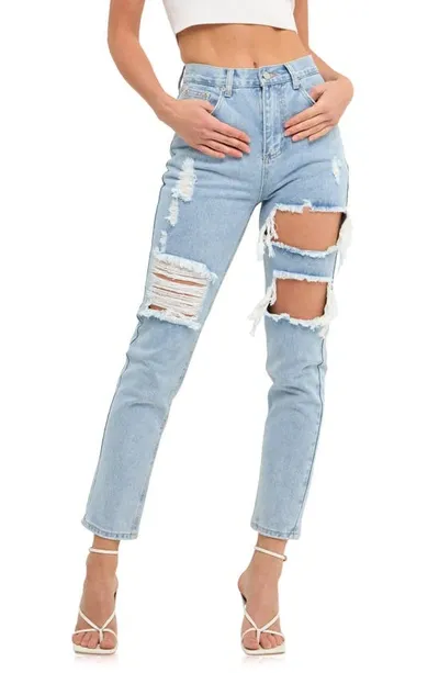 Grey Lab Cutout Ripped High Waist Slim Straight Leg Jeans In Denim