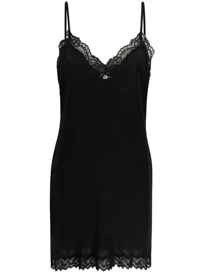 Alexander Wang Crystal Logo Charm Lace Trim Silk Charmeuse Slipdress In Black