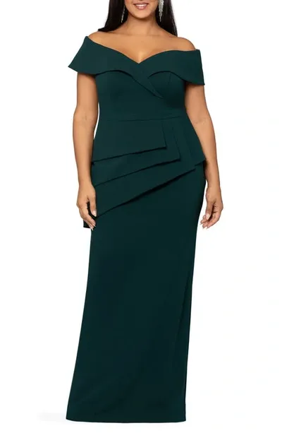 Xscape Off The Shoulder Scuba Crepe Column Gown In Pine